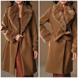 NEW Glam Faux Fur Borg Collar Double Breasted Tie Waist Jacket Coat Camel Tan